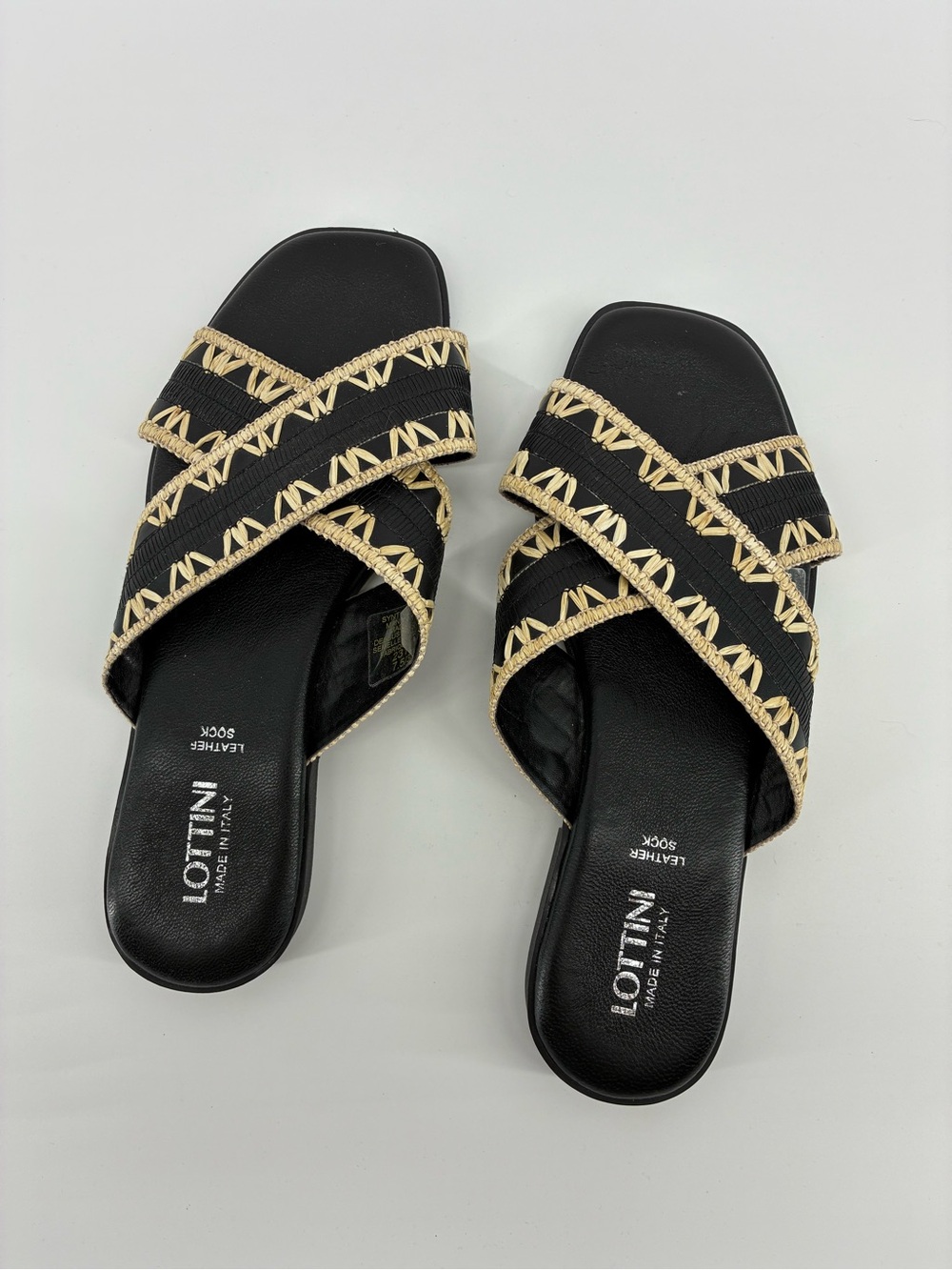 Lottini Black Slide Sandals with Natural Trim Leather Woven Resort Minimal